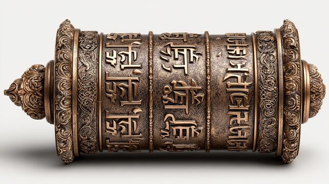 Sacred Tibetan prayer wheel with finely engraved mantras spinning in meditative motion, isolated on clean white background. 