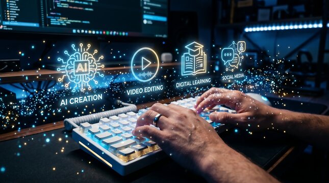 Person working on computer with futuristic AI interface and video editing software