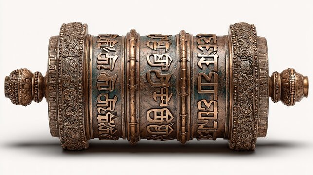 Sacred Tibetan prayer wheel with finely engraved mantras spinning in meditative motion, isolated on clean white background. 