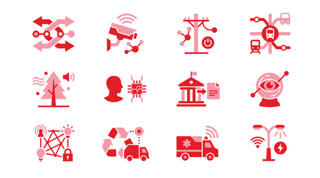 Collection of modern flat icons representing smart city concepts and technology solutions.