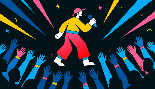 Minimalist vector illustration of a live concert scene featuring a performer singer on stage with a microphone and an audience with raised hands in vibrant colors