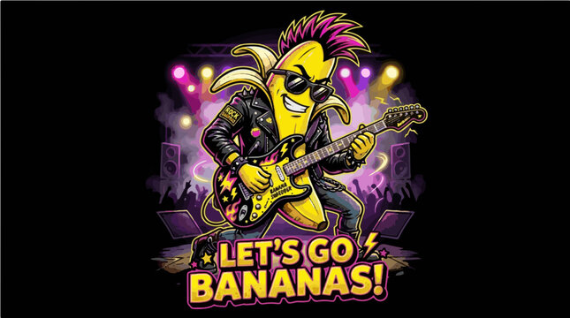 Rockstar Banana Playing Electric Guitar on Stage Illustration - Let's Go Bananas
