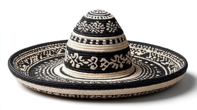 Traditional Colombian sombrero vueltiao crafted from woven ca&ntilde;a flecha straw, iconic black and white geometric patterns displayed on clean white background.