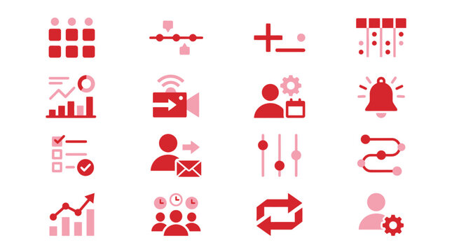Collection of Red Icons Representing Business, Data, and Technology Concepts.