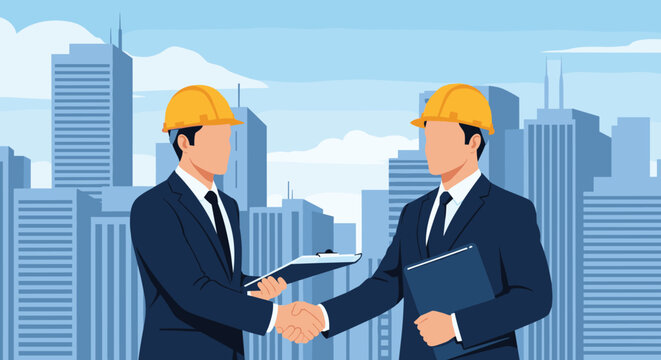 Two construction site engineers wearing hard hats shaking hands in front of a modern city skyline to finalize a project.