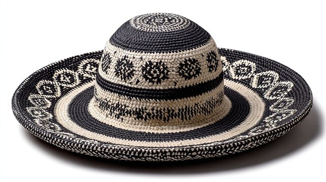 Traditional Colombian sombrero vueltiao crafted from woven ca&ntilde;a flecha straw, iconic black and white geometric patterns displayed on clean white background.