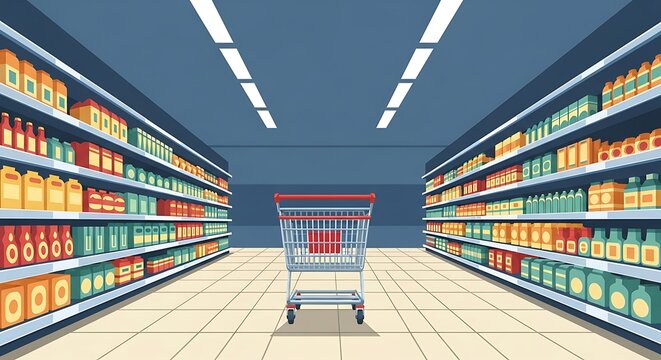 Empty Shopping Cart in a Supermarket Aisle Illustration