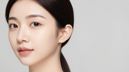 Obraz premium Radiant Elegance: A close-up portrait unveils the exquisite beauty of a woman with a serene expression and flawless skin. Capturing the essence of purity and graceful charm.