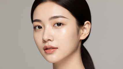 Fototapeta premium Radiant Beauty: A close-up shot of a poised individual, exuding elegance and serenity, with a perfect complexion and soft features.