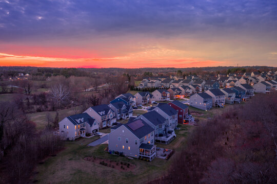 Clarksville Maryland Twilight Aerial &mdash; Suburban Neighborhood Under Deep Purple Dusk Sky
