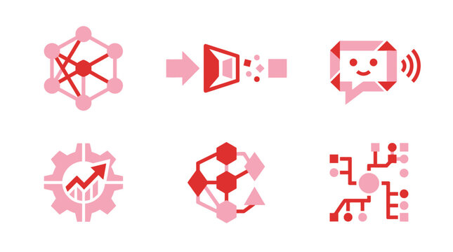 Set of six icons representing artificial intelligence and machine learning concepts in pink and red.