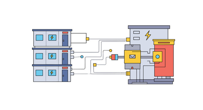Digital network illustration showing a central computer system connected to multiple office buildings via data lines.