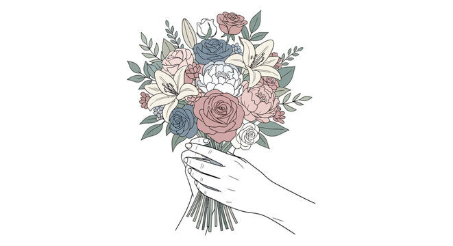 Hand holding bouquet of flowers.