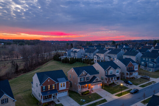 Clarksville Maryland Aerial Dusk &mdash; Brick and Craftsman Homes Illuminated at Twilight