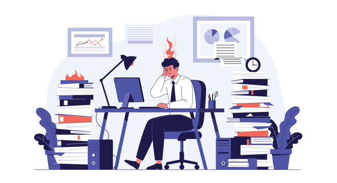 Detailed illustration of a stressed businessman at a desk surrounded by tall piles of documents with flames on his head.