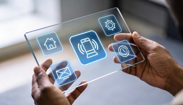 Smart Tech Interface: Close-up of hands holding a futuristic transparent tablet, its screen displaying intuitive icons for smart home controls, notifications, settings, and more.
