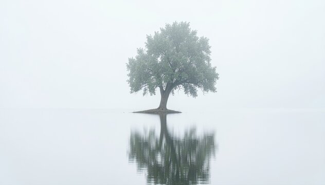 Solitary Tree in Misty Waters: A lone tree stands gracefully in tranquil waters, its reflection mirrored on the smooth surface, enveloped in a soft, ethereal mist.