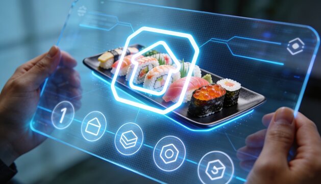 Future Food Experience: A futuristic interface hovers above a platter of delicious sushi, offering an innovative glimpse into the future of dining.