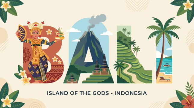 A creative Flat Design illustration of the word 'BALI,' where each letter beautifully incorporates a distinct and famous Balinese landmark or cultural symbol