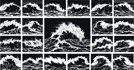 Collage of black and white images of crashing ocean waves with crashing monochrome collection illustration abstract movement dramatic overwhelming majestic striking contrast disruptive © cons class