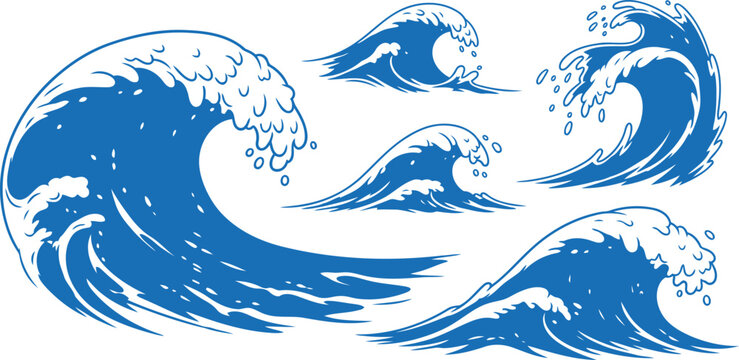 Collection of stylized blue ocean waves with crashing powerful illustration collection movement artistic creative abstract stylized isolated