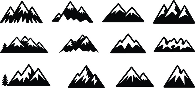 Collection of black mountain with snowy peaks mountains