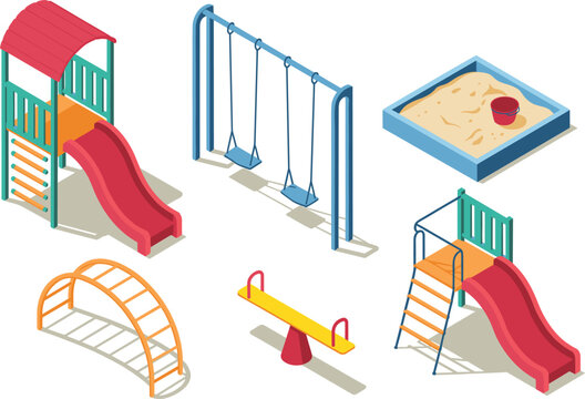 Children playground equipment set, slides swings sandbox seesaw isometric vector illustration collection isolated