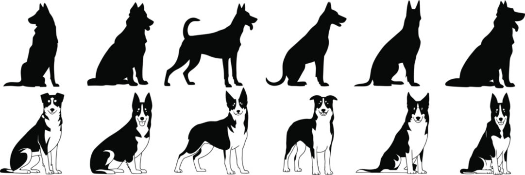 Six black dog silhouettes and six black and white dog