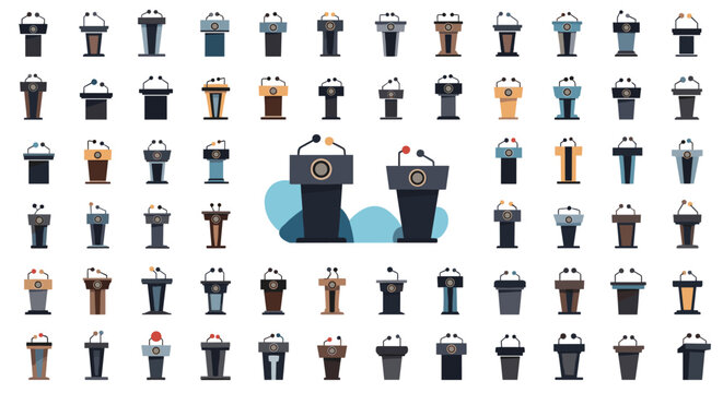 Large set of different speaker podiums and lecterns with microphones used for public speaking and press conferences.