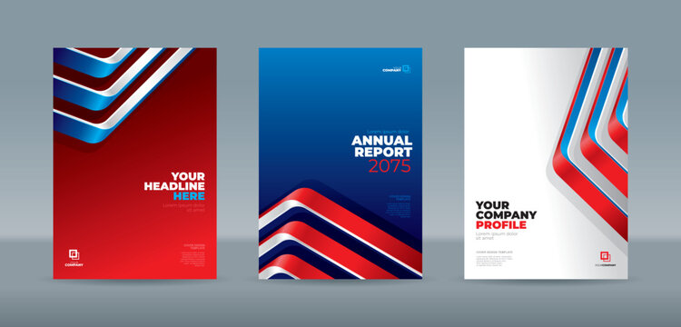 Modern cover template featuring dynamic 3D red and navy blue geometric ribbons on blue, red and white backgrounds. A4 size book cover template for annual report, magazine, booklet, proposal, portfolio