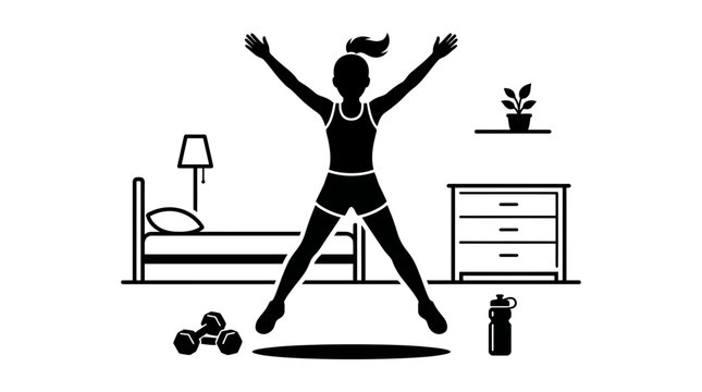 Active woman performing jumping jacks exercise in her bedroom as part of a daily healthy routine