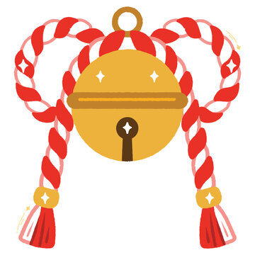Detailed golden Suzu bell featuring traditional red and white cords for Japanese shrine
festivals.