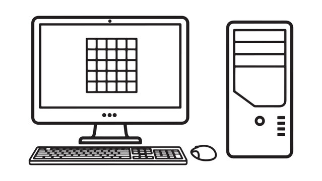 Desktop computer and tower outline icon with keyboard and mouse vector illustration