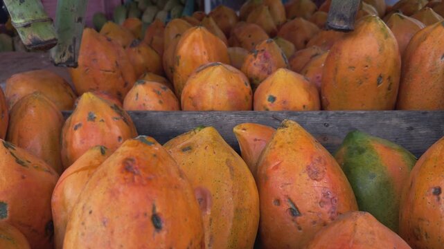 Pile of fresh, ripe orange papayas for sale at roadside fruit stand in tropical country