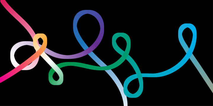 An abstract, clean, white background adorned with multiple intertwined, flowing, and looping lines, each exhibiting a distinct smooth color gradient including shades of blue, pink, yellow, purple, bro