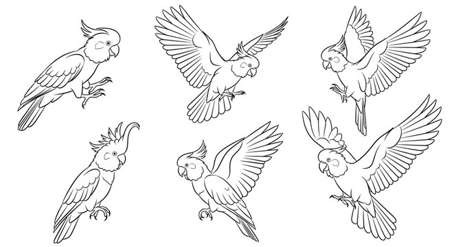 Set of Cockatoo Parrot Line Art Illustrations in Various Flying Poses