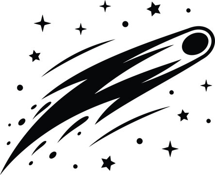 Stylized comet vector icon with shooting star trail, celestial falling asteroid in night sky, black and white space meteor graphic for logo design