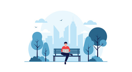Fototapeta premium Professional man working on laptop sitting on bench in park with blue monochrome city buildings and trees background.
