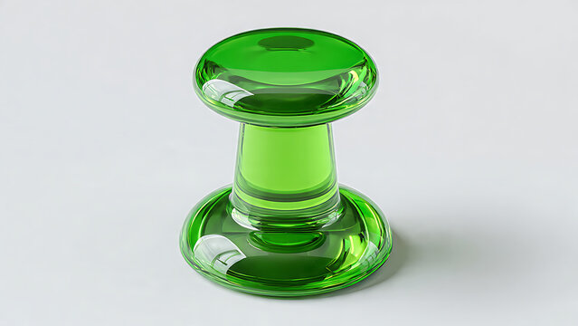 A vibrant green glass paperweight sitting on a smooth surface with soft lighting highlighting its shape