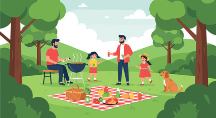 Fototapeta premium Happy family enjoys a summer barbecue picnic in a green park with a dog, grilled food, and a colorful blanket spread on the grass.