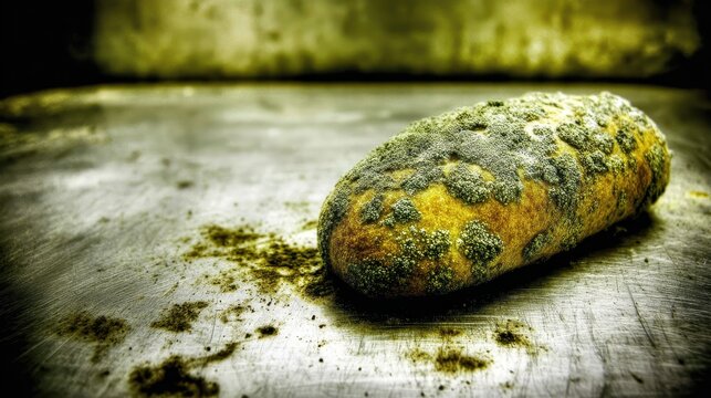 A single loaf of bread exhibiting significant mold growth on its surface.