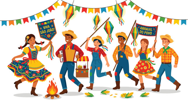 Festa Junina Celebration with People Dancing Playing Music and Holding Flags Celebrating Brazilian Culture and Traditions with Festive Decorations and Bonfire
