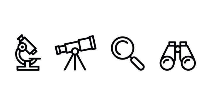 Black and white line of microscope telescope magnifying glass and binoculars in white background
