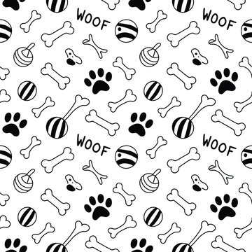 Dog bone seamless pattern, cute hand drawn vector doodle background featuring puppy footprints, bones, and pet toys for wallpaper, wrapping paper, textile, and pet-themed design