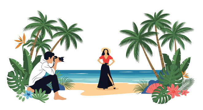 Professional photographer taking pictures of a fashion model posing on a tropical beach surrounded by palm trees and plants.