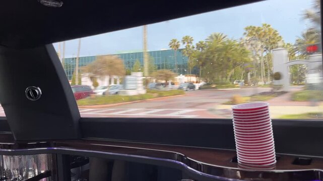 Limousine window framing a lake fountain and palm trees while driving past a Florida resort. Luxury party limo interior with red cups overlooking water and roadway