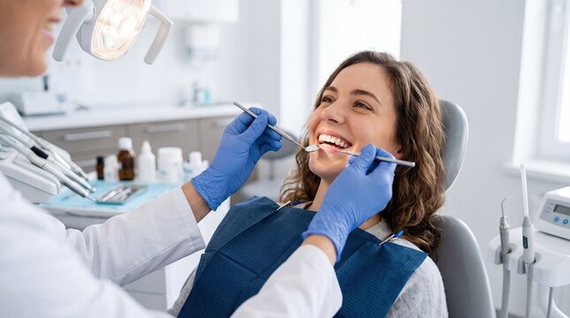 Smiling woman at dentist clinic during professional dental checkup