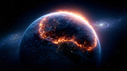 Fototapeta premium Burning earth planet apocalypse fire space galaxy destruction climate disaster flame atmosphere glow night universe cosmos nebula star orbit