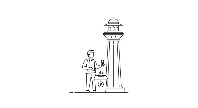 Citizen Casting Vote at Ballot Box Near Town Monument