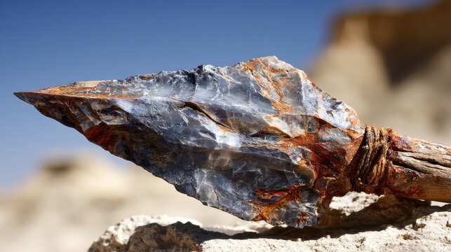 Close up of a sharpened flint blade showing its raw texture and natural coloring with a blurred natural background.